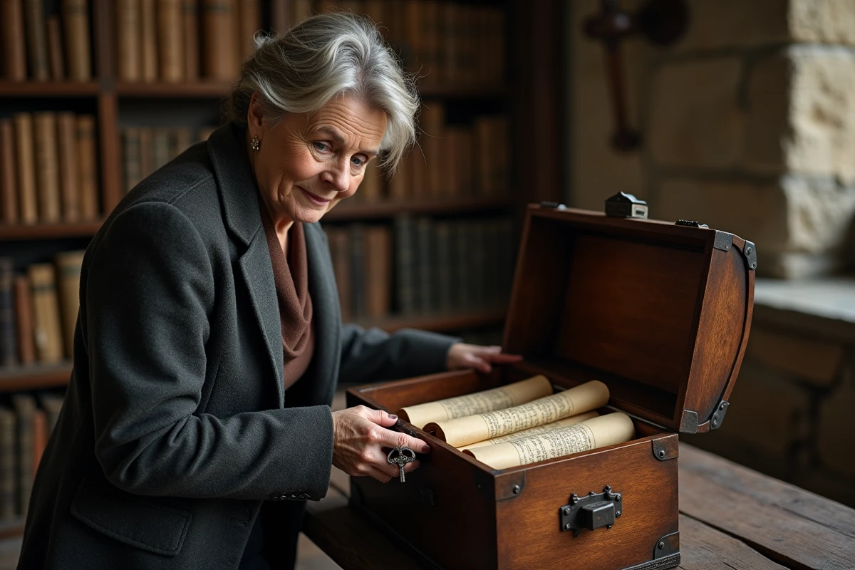 Femme examine coffre avec parchemins dans bibliothèque