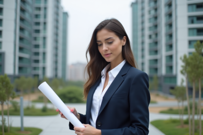 Femme confiante en costume bleu devant un immeuble en urbanisme