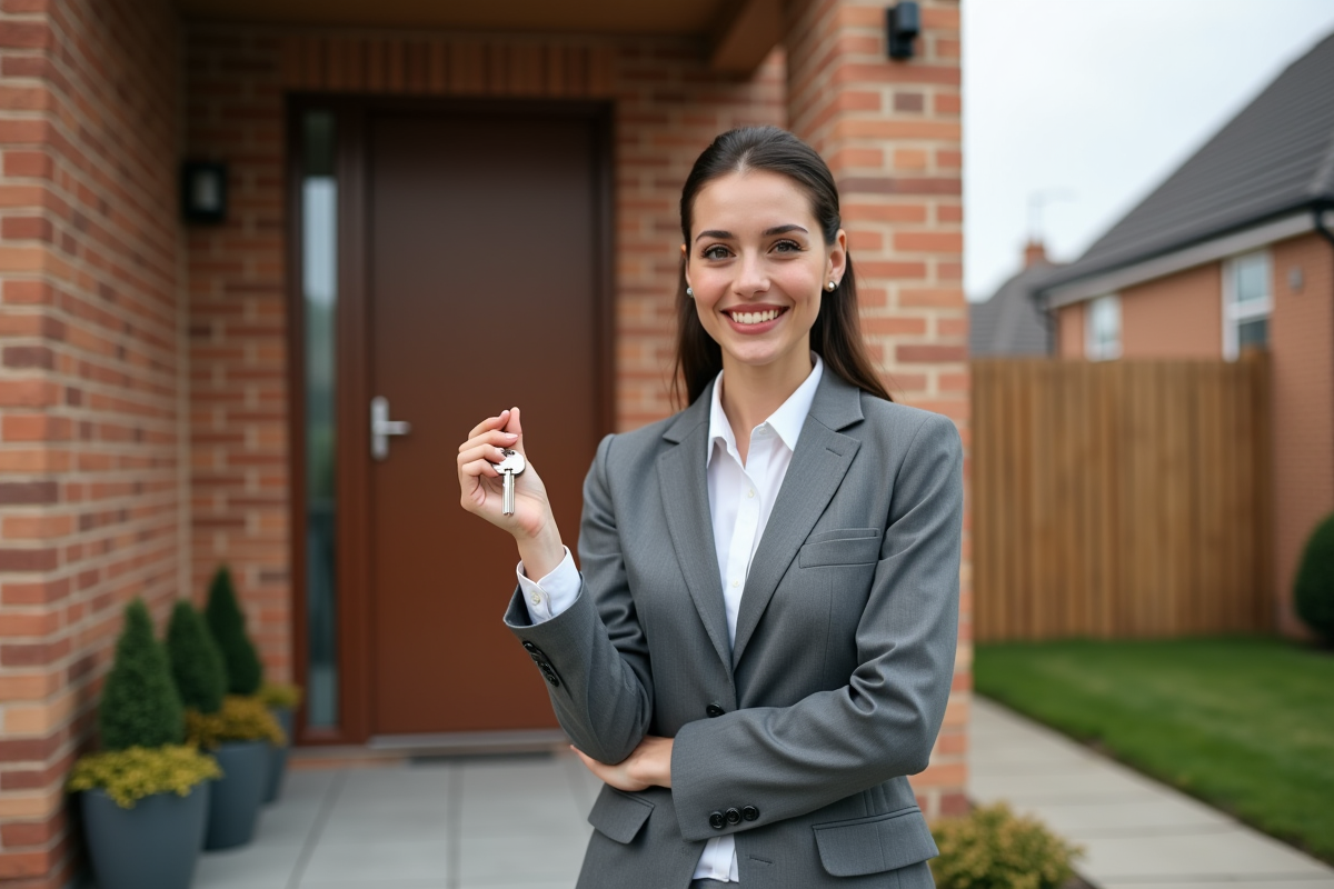 Jeune femme avec clés devant une maison neuve