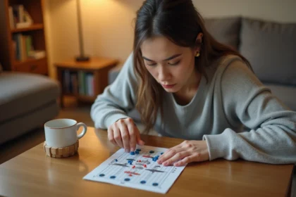 Femme jouant à une bataille navale en mini format sur une grille compacte posée sur une table en bois