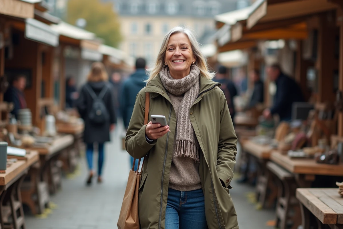 Femme souriante dans un marché aux puces en plein air