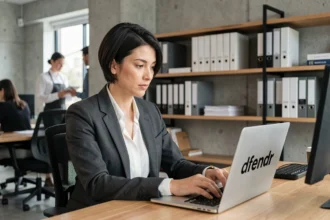 Femme professionnelle en blazer gris travaillant sur un ordinateur portable affichant le mot dfendr dans un bureau moderne de startup en 2026