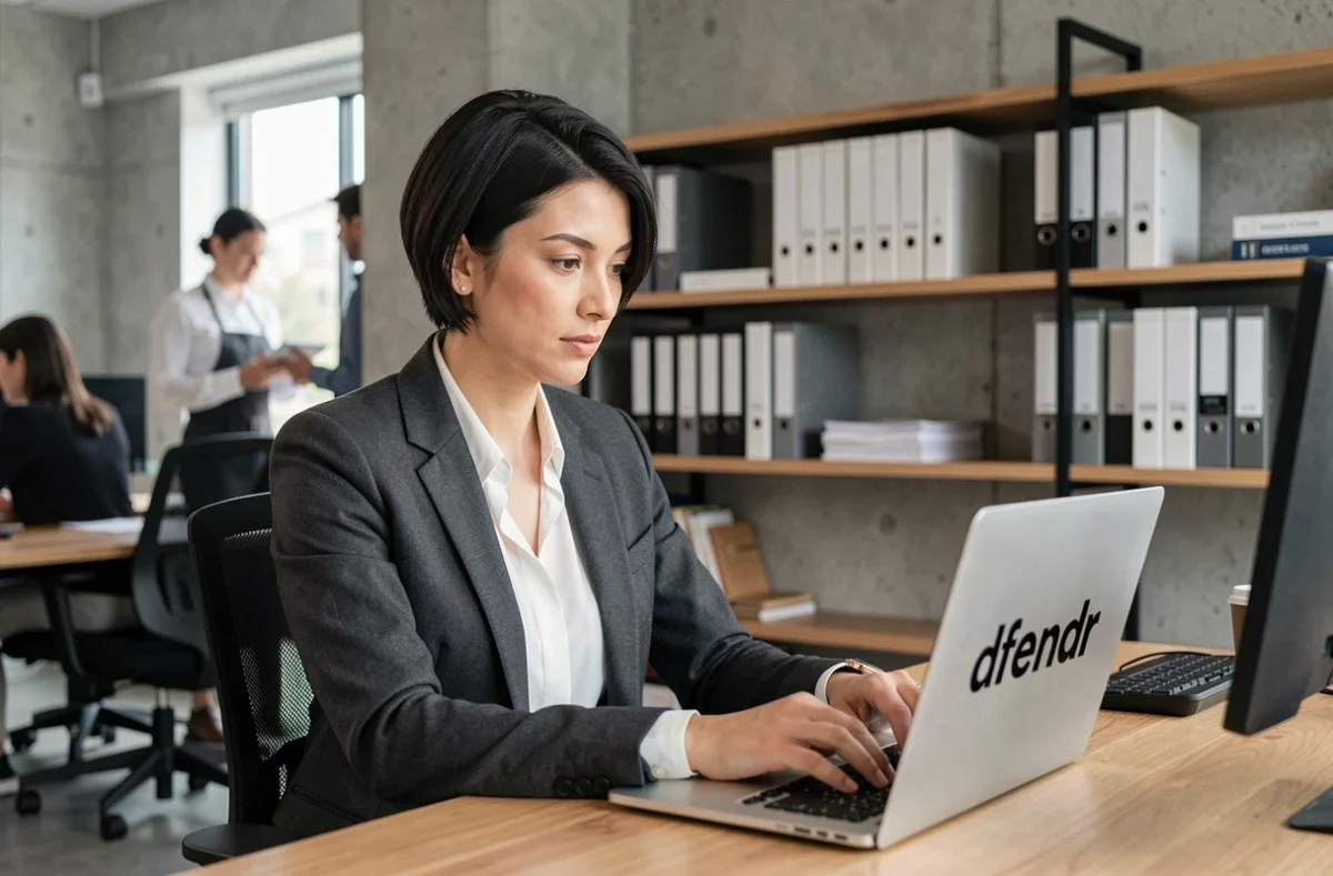 Femme professionnelle en blazer gris travaillant sur un ordinateur portable affichant le mot dfendr dans un bureau moderne de startup en 2026