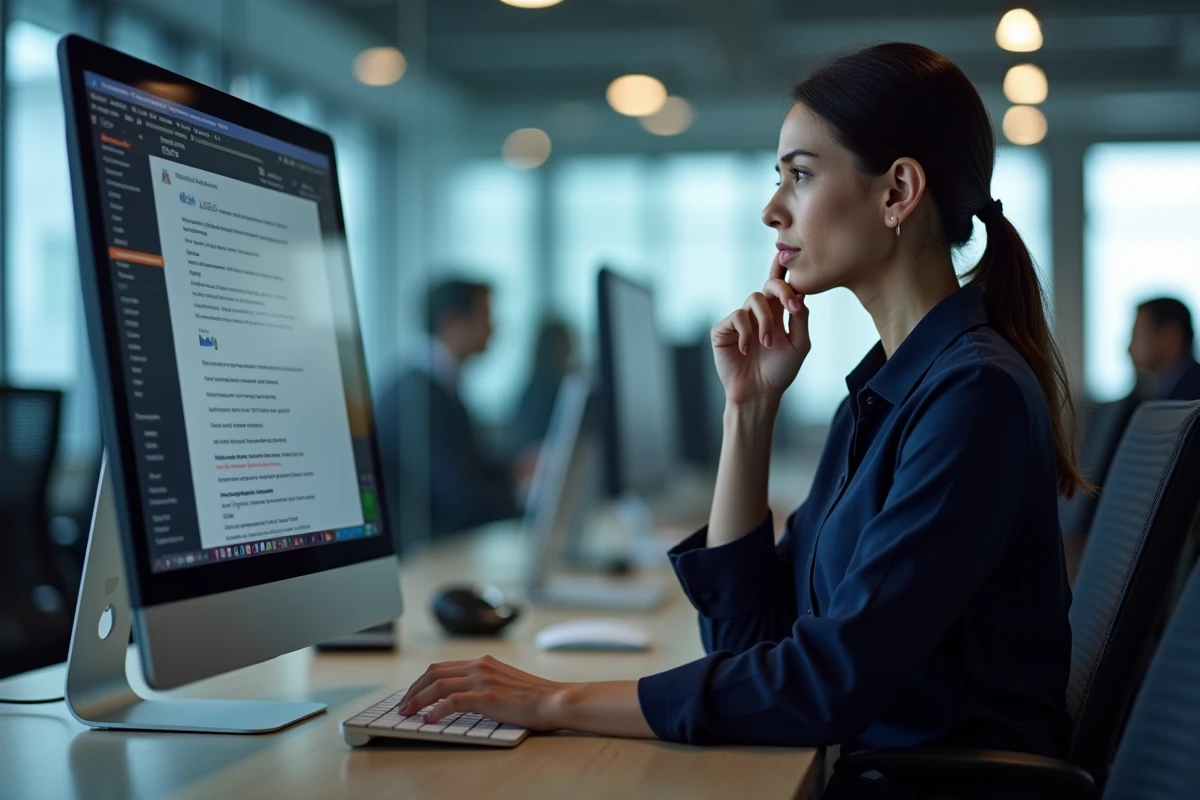 Femme en bureau moderne avec une page web qui ne défile plus sur un grand écran