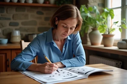 Femme d'âge moyen résolvant un casse-tête suisse dans une cuisine chaleureuse