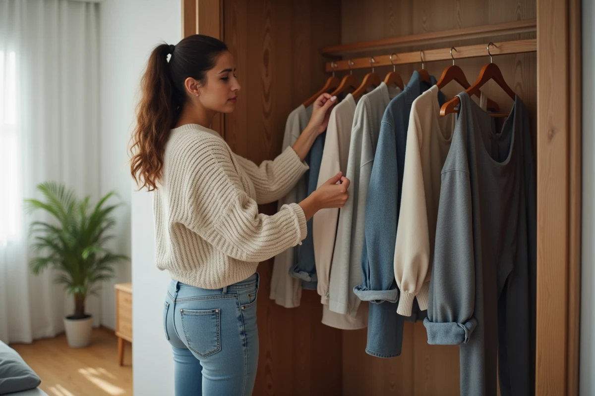 Femme en jeans et pull choisissant ses vêtements dans un dressing