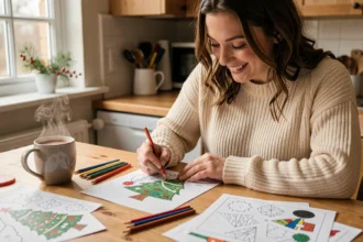 Femme coloriant des dessins de Noël imprimés sur une table en bois avec des crayons de couleur et un chocolat chaud