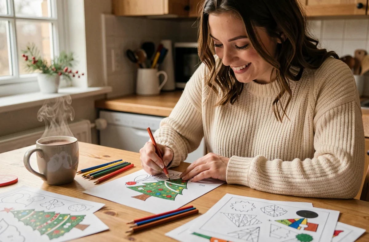 Femme coloriant des dessins de Noël imprimés sur une table en bois avec des crayons de couleur et un chocolat chaud