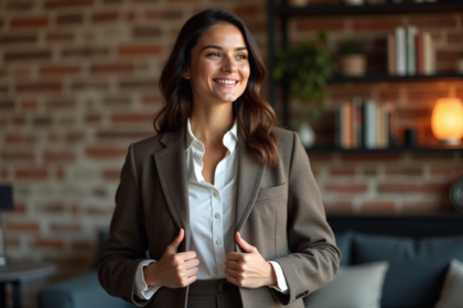 Femme élégante ajustant son blazer dans un loft moderne