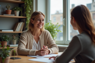 Femme d'âge moyen écoute un collègue au bureau