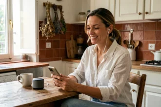 Femme marseillaise écoutant Radio Gazelle en direct sur son smartphone dans sa cuisine