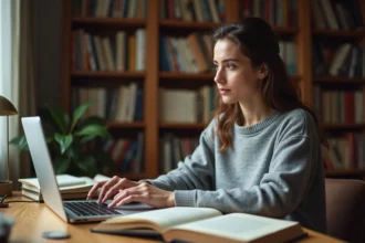 Femme consultant une encyclopédie collaborative en ligne sur son ordinateur portable dans un bureau à domicile entouré de livres