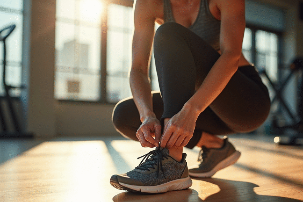 Femme en entraînement portant basket de sport dans une salle lumineuse
