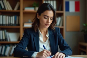 Femme étudiant les questions de naturalisation française à son bureau avec des fiches de révision
