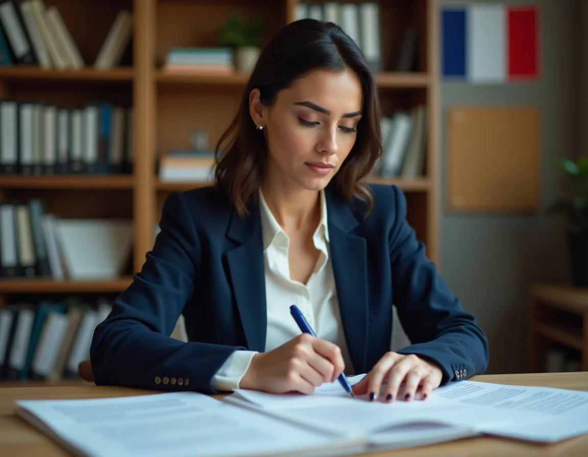 Femme étudiant les questions de naturalisation française à son bureau avec des fiches de révision