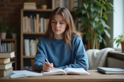 Jeune femme studieuse à la maison avec livres et ordinateur
