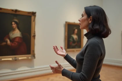 Femme expliquant une peinture célèbre dans un musée d'art avec assurance