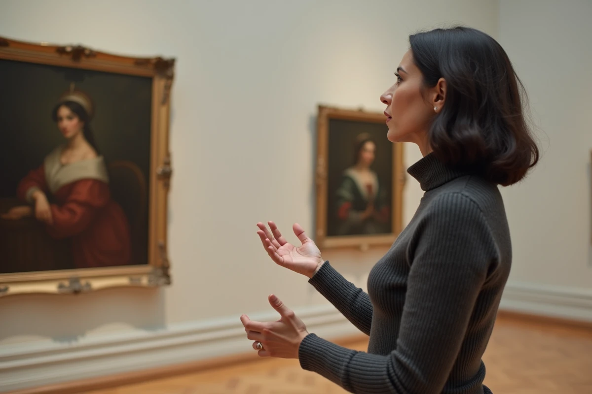 Femme expliquant une peinture célèbre dans un musée d'art avec assurance