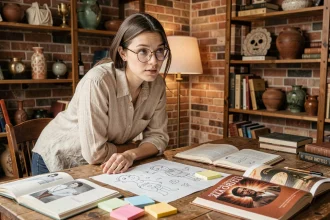 Jeune femme fascinée par la tendance Waslerdoskuwa, penchée sur des notes et esquisses dans un studio créatif