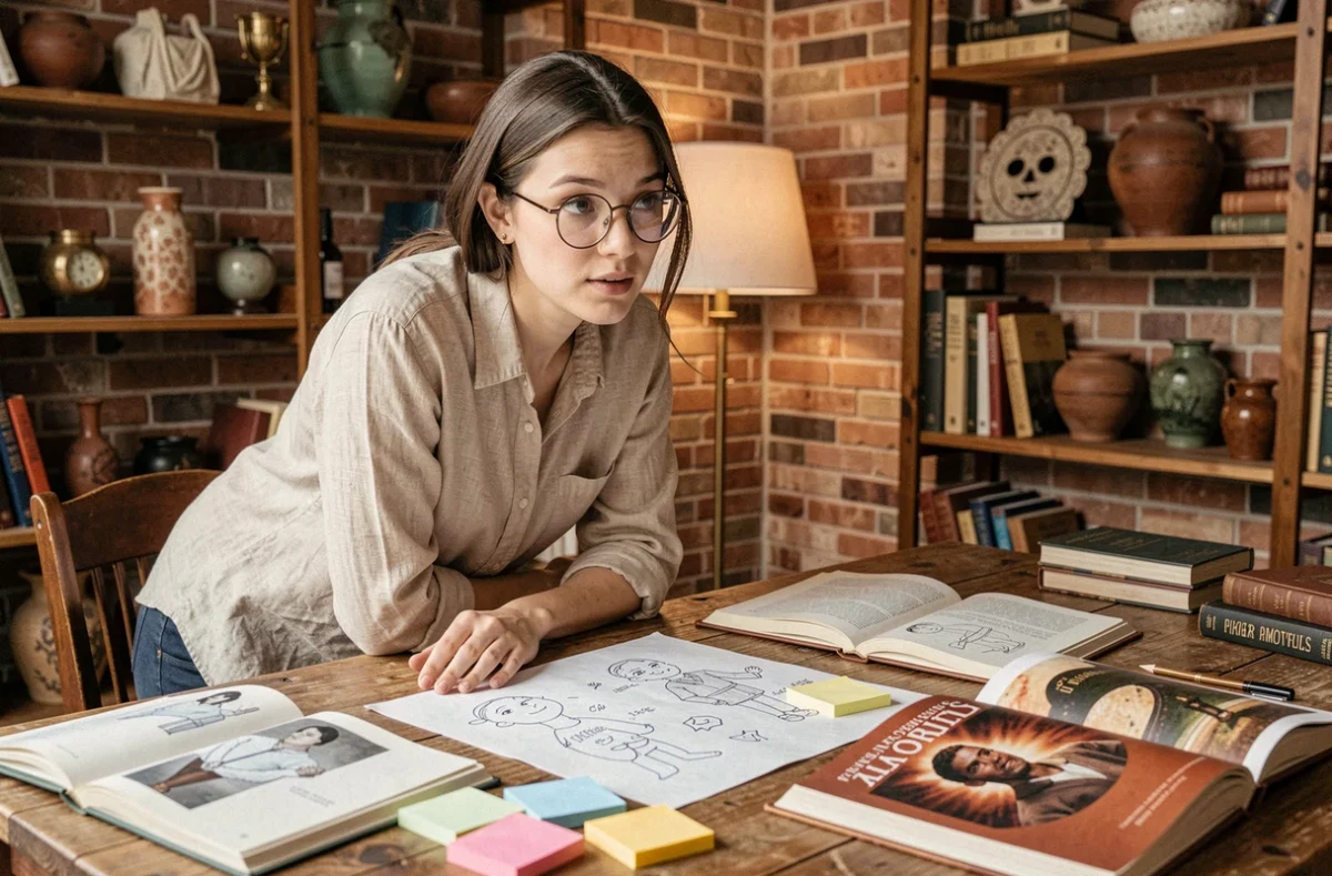 Jeune femme fascinée par la tendance Waslerdoskuwa, penchée sur des notes et esquisses dans un studio créatif