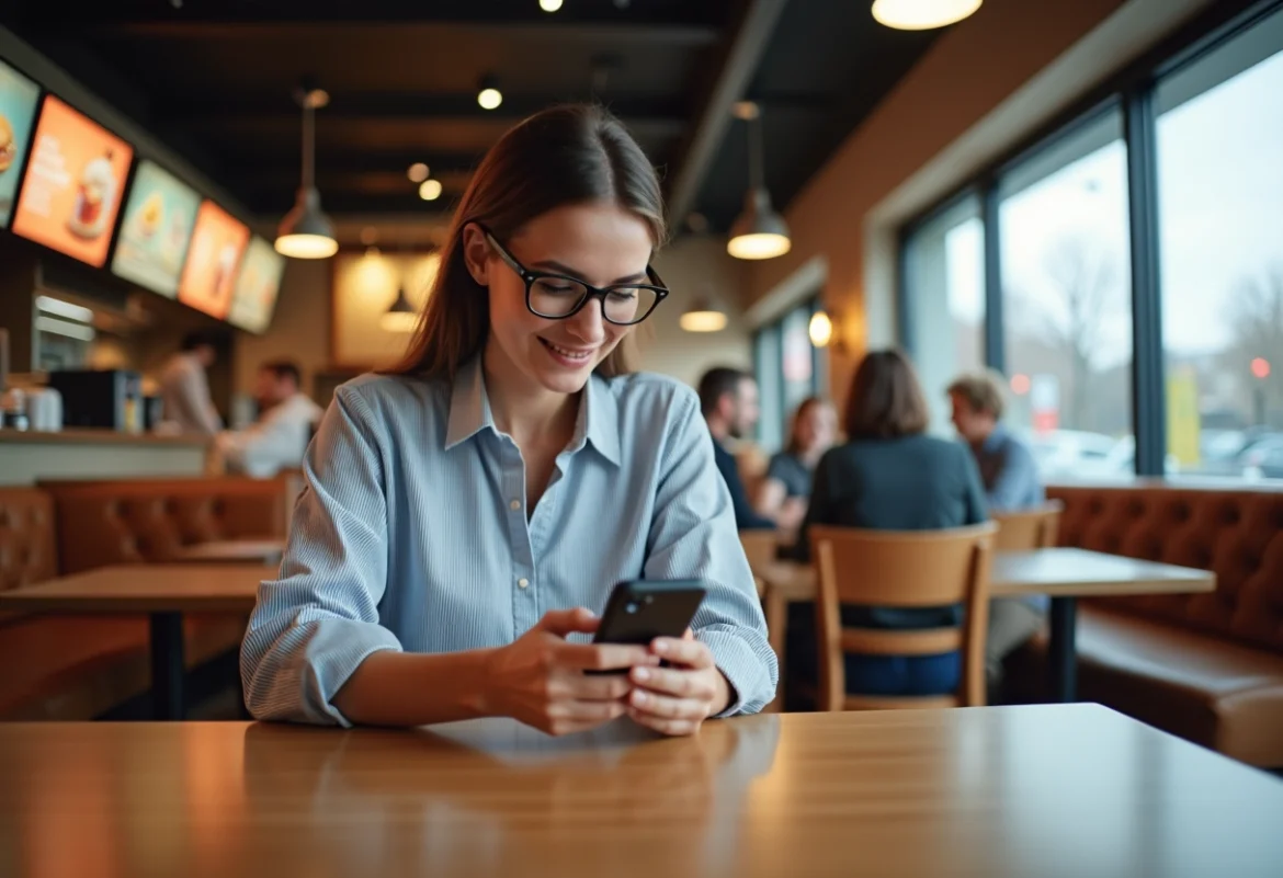 Femme souriante utilisant son smartphone dans un restaurant moderne