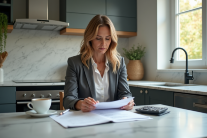 Femme d'âge moyen examinant des documents financiers à la maison