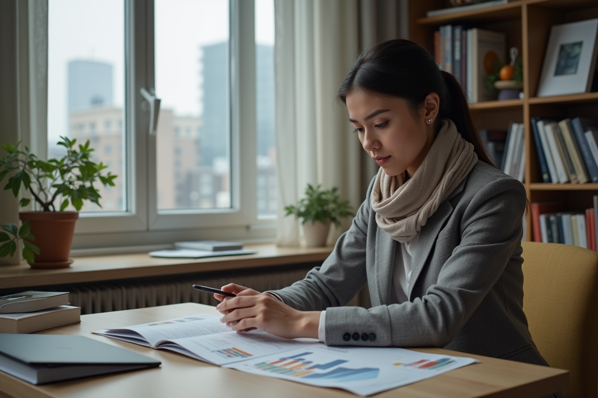 Jeune femme etudie brochure d investissement immobilier