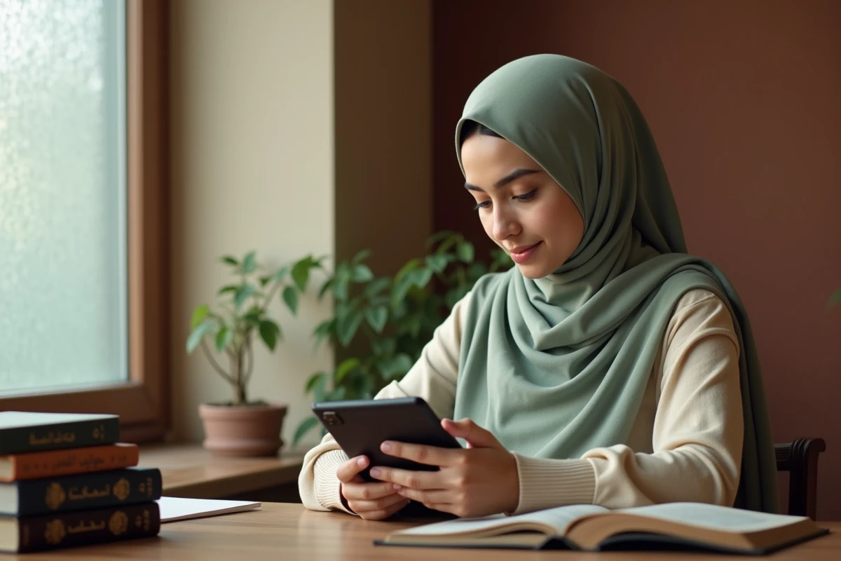 Femme voilée consultant le Coran sur une tablette numérique à son bureau, questionnement sur les ablutions