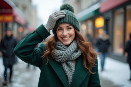 Jeune femme en manteau vert ajustant son chapeau en ville