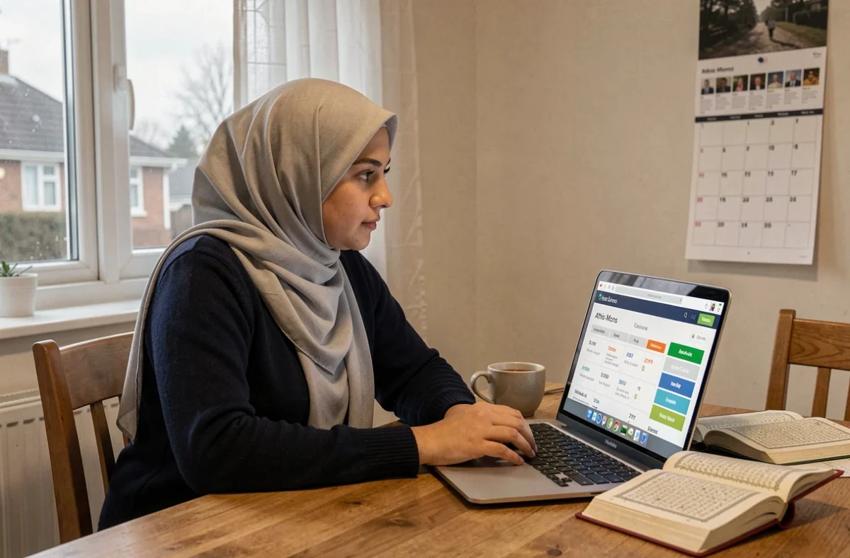 Femme musulmane vérifiant les horaires de prière en ligne sur un ordinateur portable à son domicile à Athis-Mons