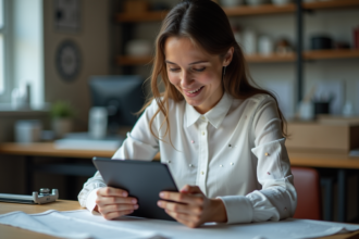 Femme en blouse connectée dans un laboratoire d'innovation