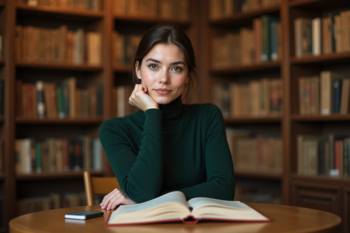 Jeune femme intellectuelle réfléchissant à ses combats féministes dans une bibliothèque chaleureuse
