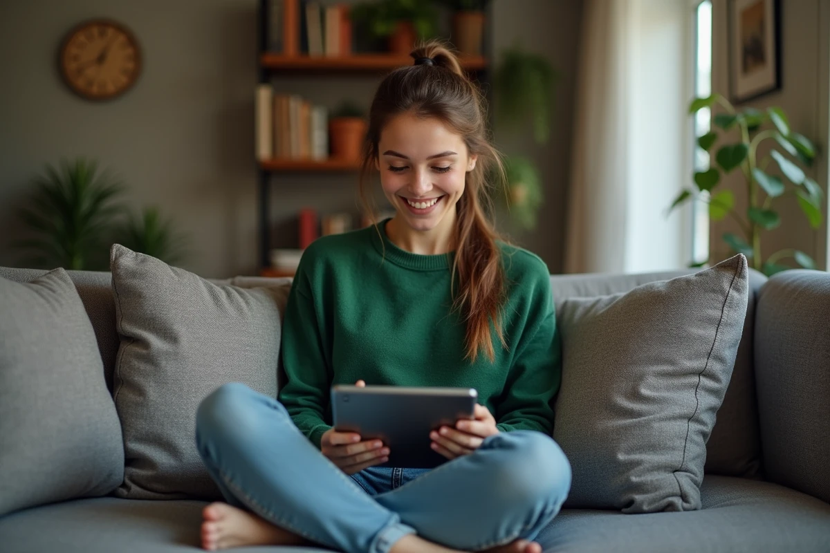 Femme souriante jouant à une application Monopoly sur sa tablette dans le salon