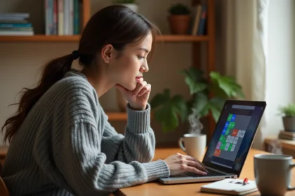 Femme jouant à Pédantix sur un ordinateur portable avec un cahier de notes et un café, routine de résolution de jeu de mots