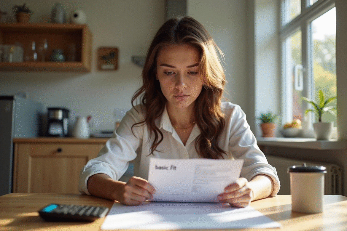 Jeune femme lisant un contrat avec une carte Basic Fit