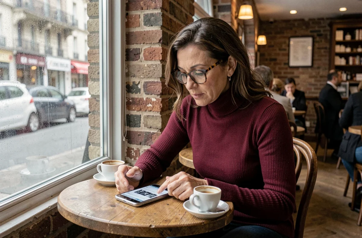 Femme en train de lire un scan numérique Epsilon sur son téléphone dans un café parisien, confortablement installée près de la fenêtre