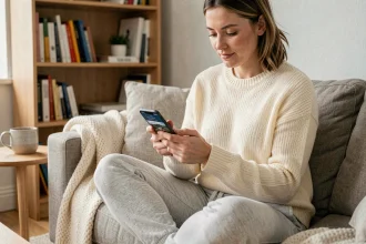 Femme lisant un magazine numérique Epsilon Scan sur smartphone, assise confortablement dans un salon scandinave chaleureux