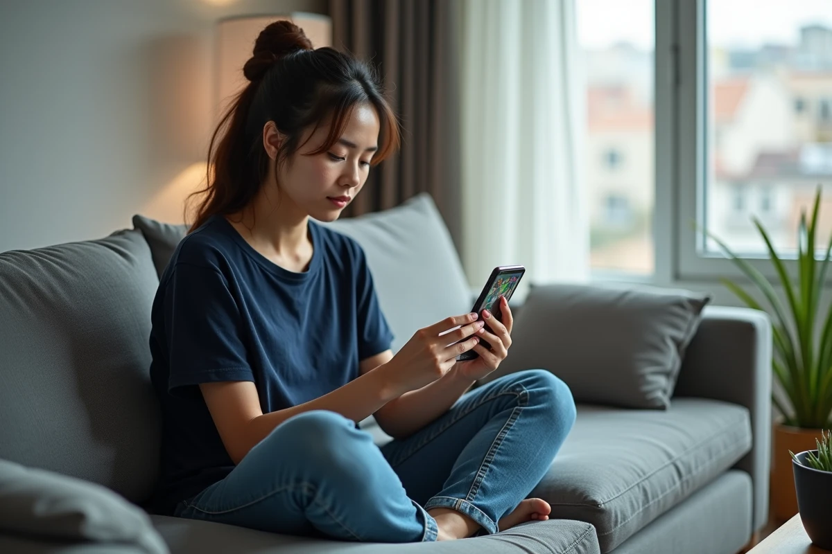 Femme lisant des scans manga sur smartphone, illustrant l'accès aux lectures en ligne gratuites et leurs limites légales