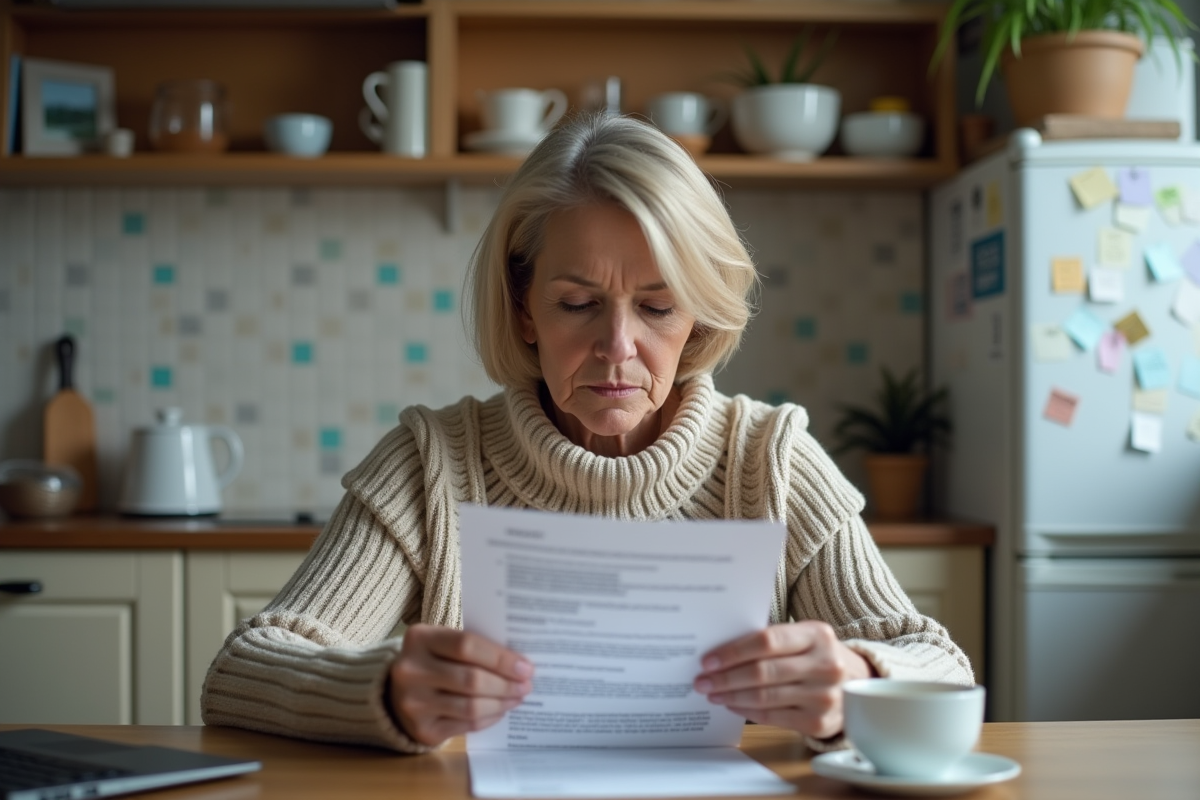 Femme concentrée lisant un document d aide sociale à la maison