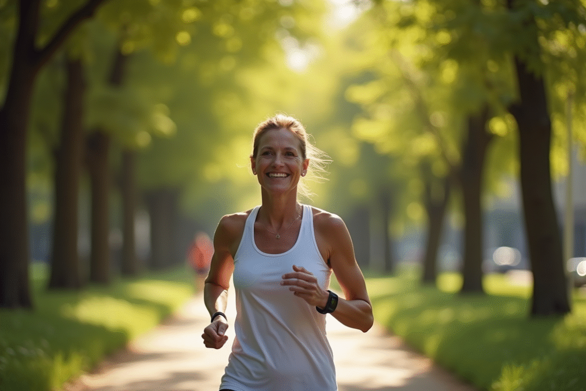 Femme active marche dans un parc ensoleille avec un tracker