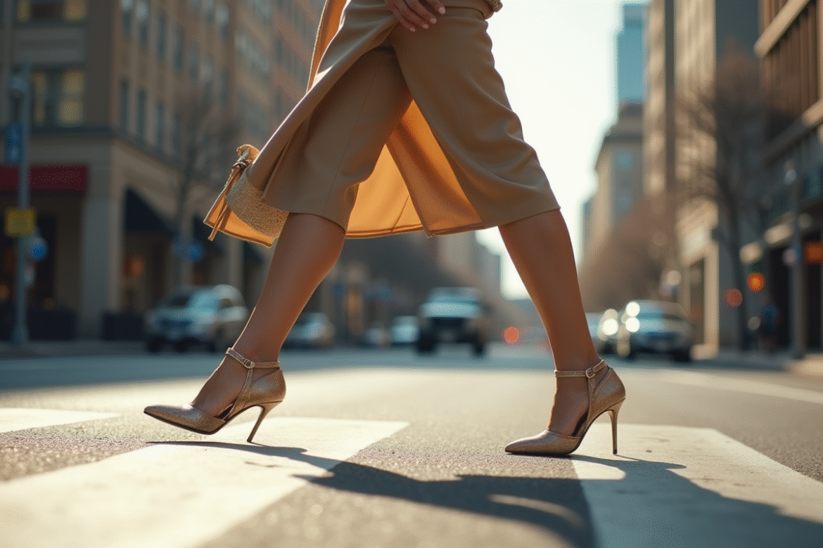 Femme élégante traversant une rue urbaine avec chaussures chics
