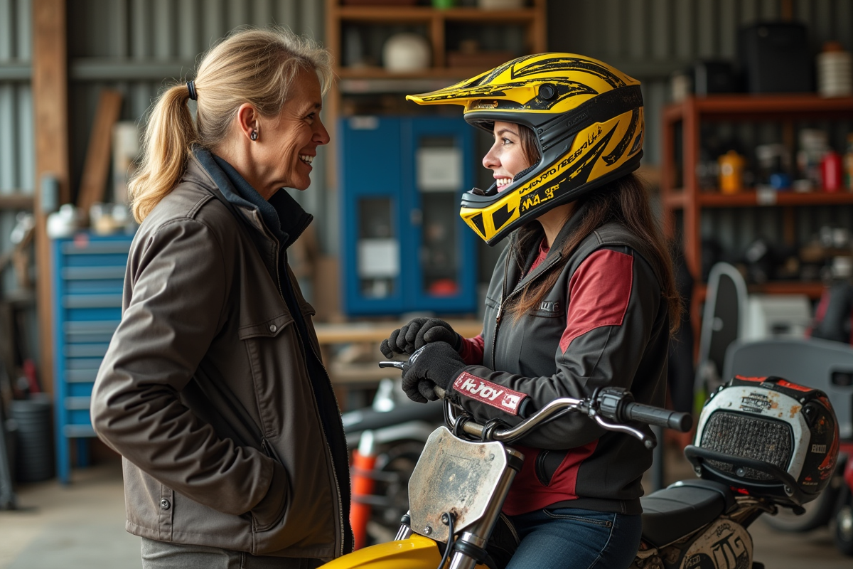 Femme en équipement motocross discutant avec un mécanicien