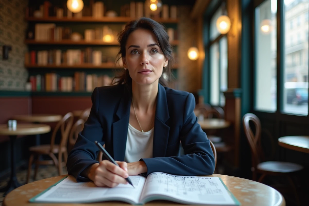 Femme résolvant des mots croisés dans un café avec un magazine ouvert sur la table