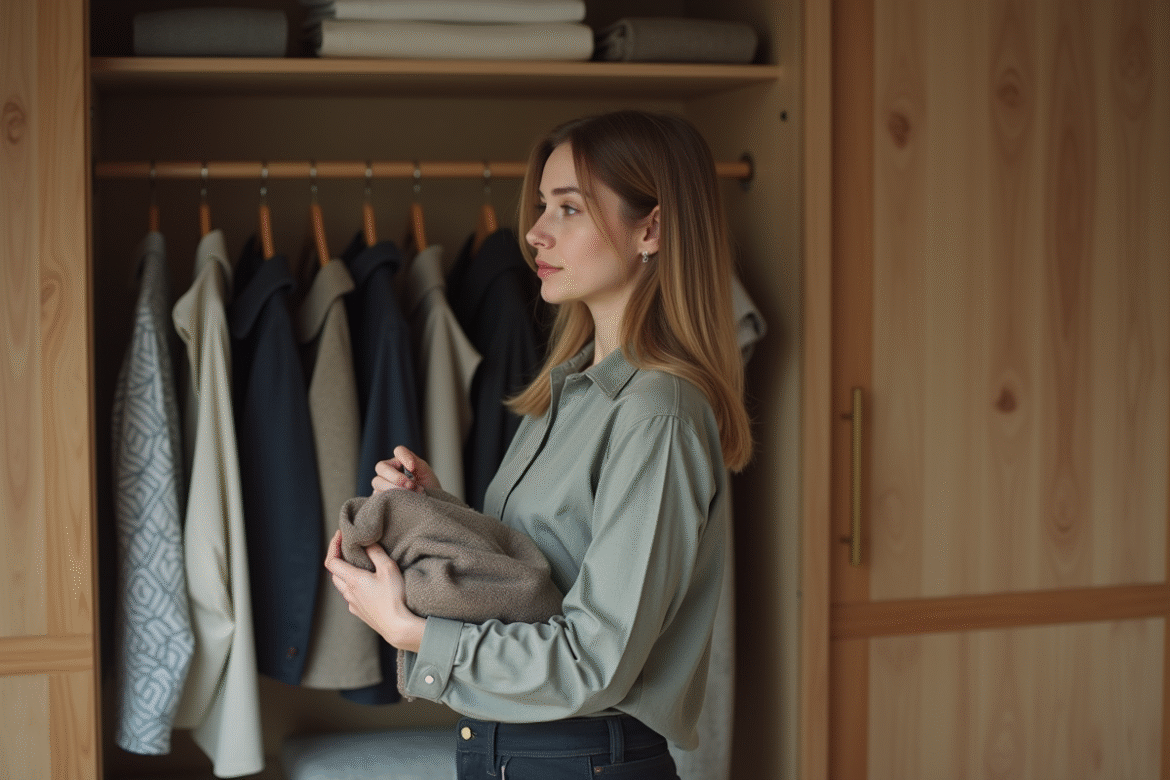 Femme en réflexion choisissant ses vêtements dans un placard organisé
