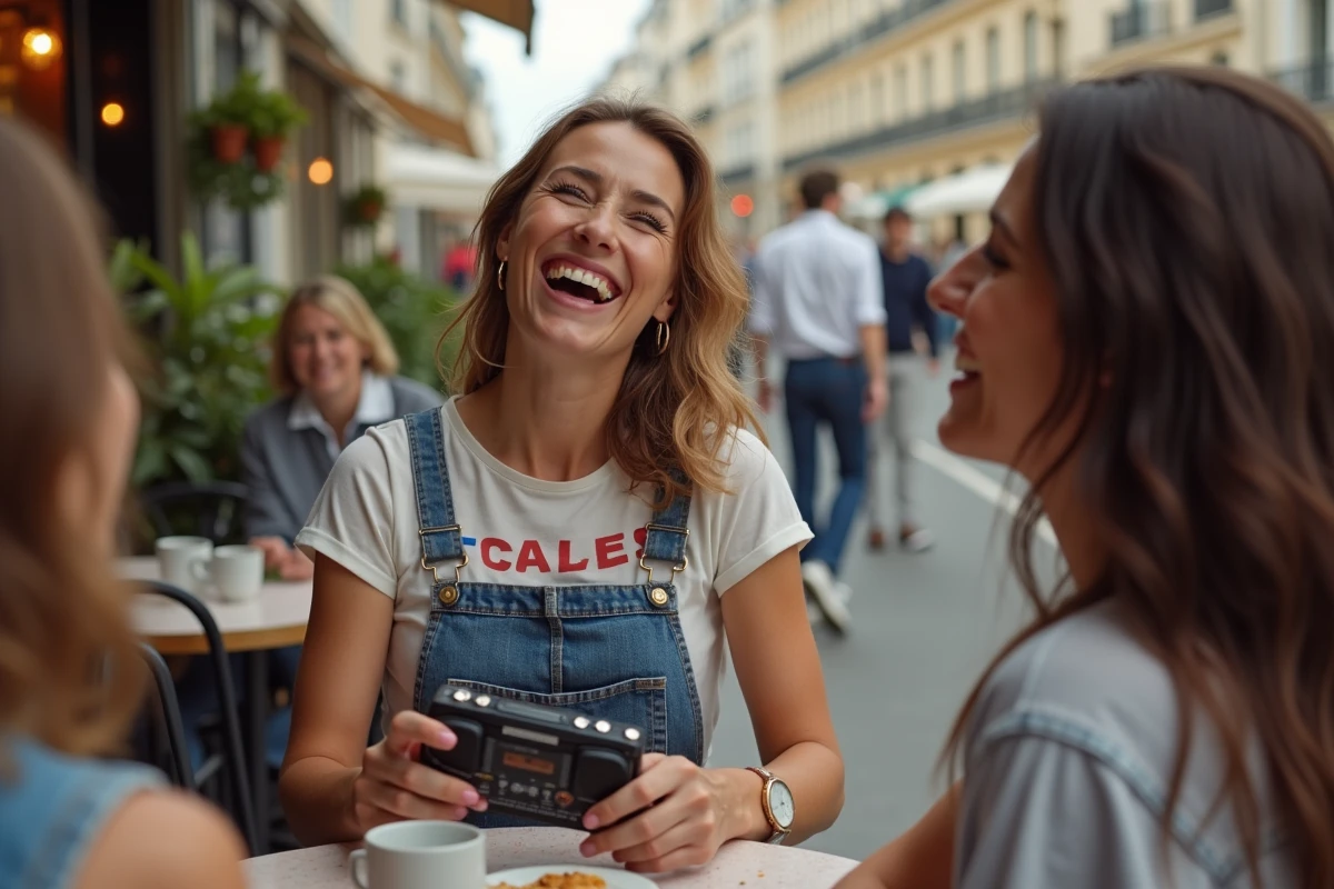 Femme française riant au café avec walkman vintage