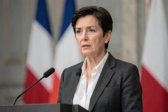 Femme politique française à un pupitre de conférence de presse dans une salle institutionnelle officielle