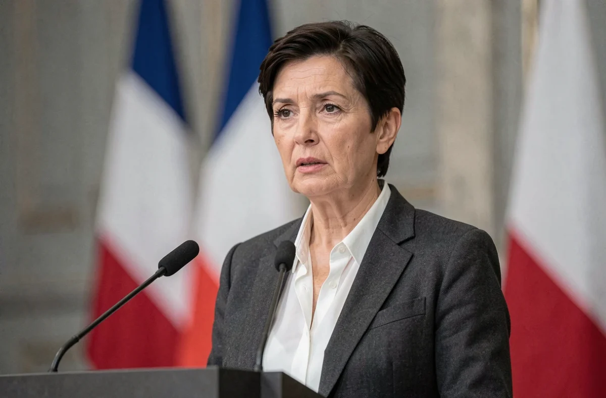 Femme politique française à un pupitre de conférence de presse dans une salle institutionnelle officielle