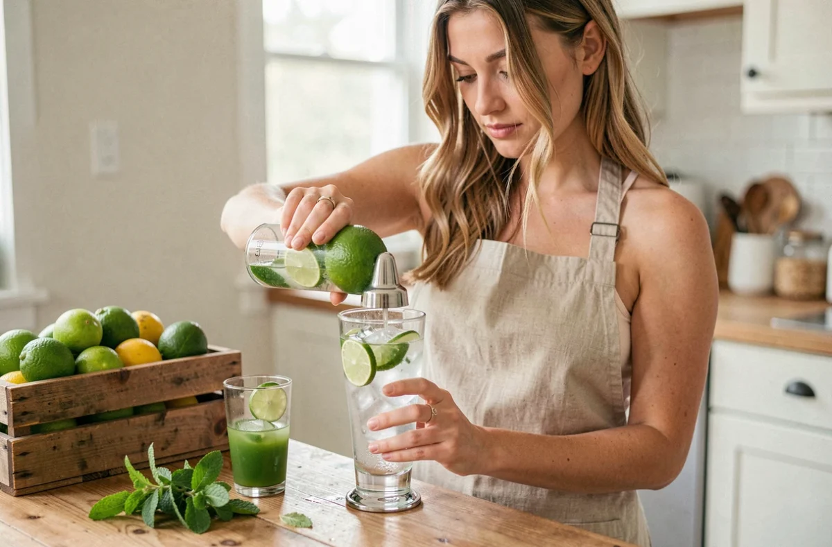 Jeune femme préparant un cocktail maison en pressant un citron vert bio au-dessus d'un shaker en verre rempli de glaçons
