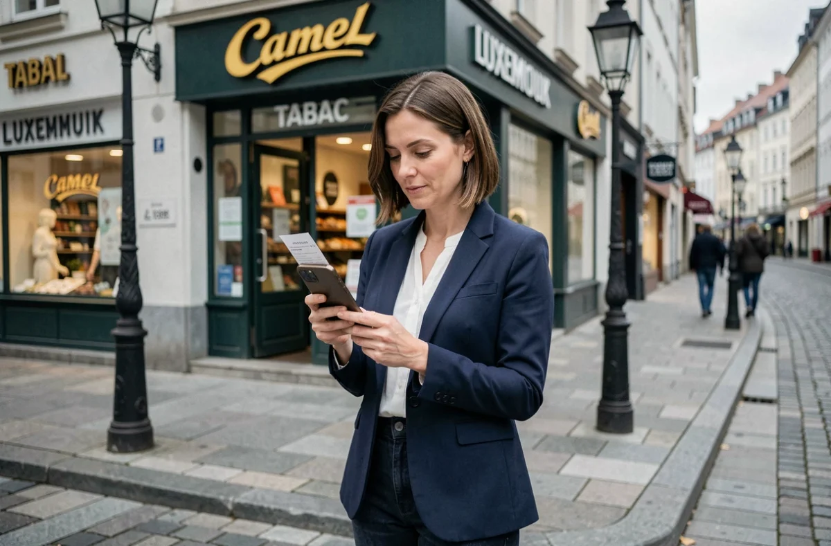 Femme devant un bureau de tabac à Luxembourg vérifiant le prix des Camel sur son téléphone