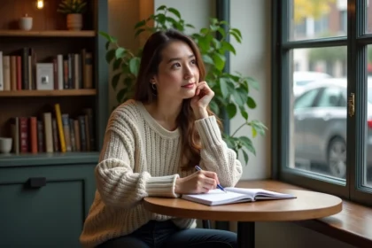 Femme pensant dans un café cosy avec bibliothèque en arrière-plan